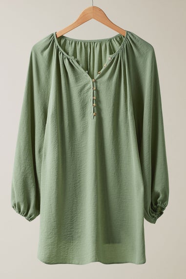 Evans Curve Khaki Green Button Front Long Sleeve Blouse