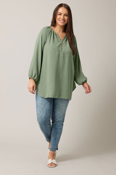 Evans Curve Khaki Green Button Front Long Sleeve Blouse