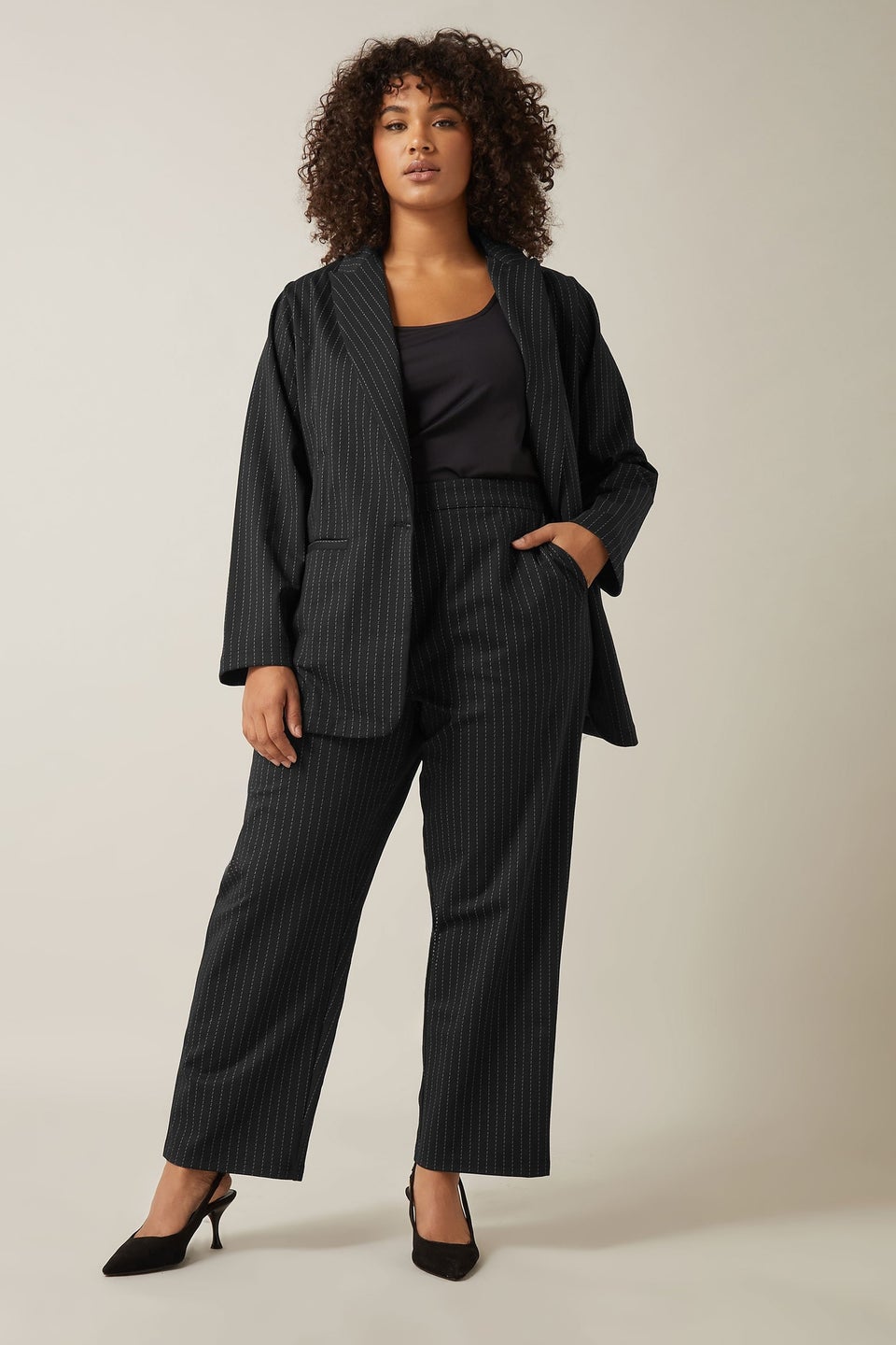 Evans Curve Black Pinstripe Wide Leg Trousers