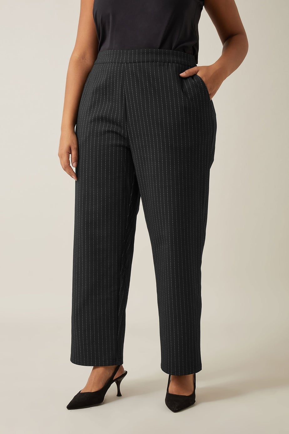 Evans Curve Black Pinstripe Wide Leg Trousers