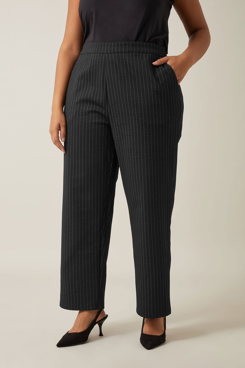 Evans Curve Black Pinstripe Wide Leg Trousers