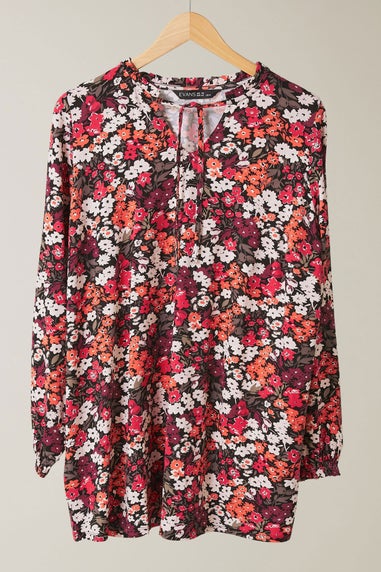 Evans Curve Orange Ditsy Floral Tie Neck Top