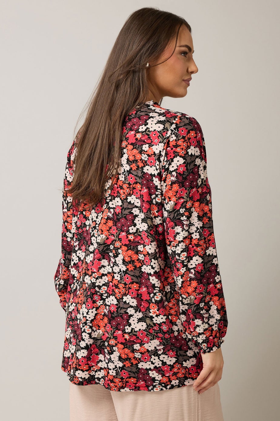 Evans Curve Orange Ditsy Floral Tie Neck Top