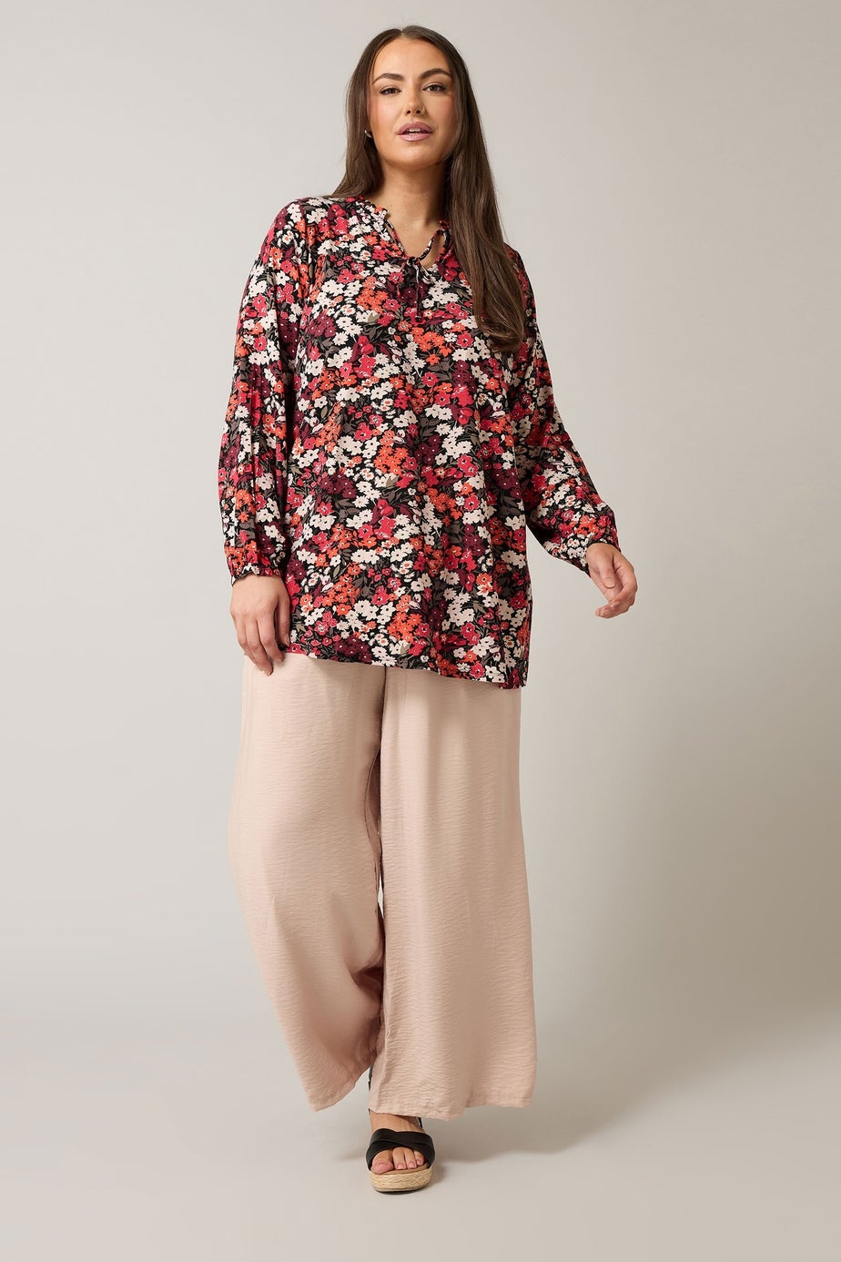 Evans Curve Orange Ditsy Floral Tie Neck Top