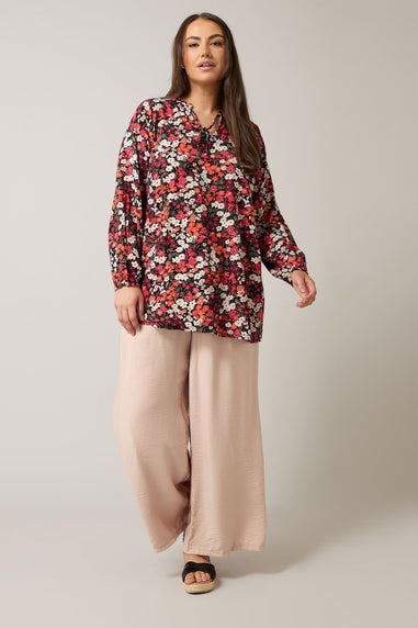 Evans Curve Orange Ditsy Floral Tie Neck Top