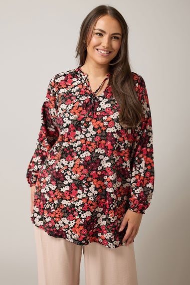 Evans Curve Orange Ditsy Floral Tie Neck Top
