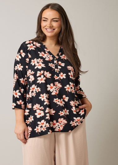 Evans Curve Black Floral Print Blouse