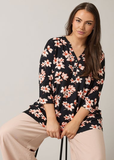 Evans Curve Black Floral Print Blouse