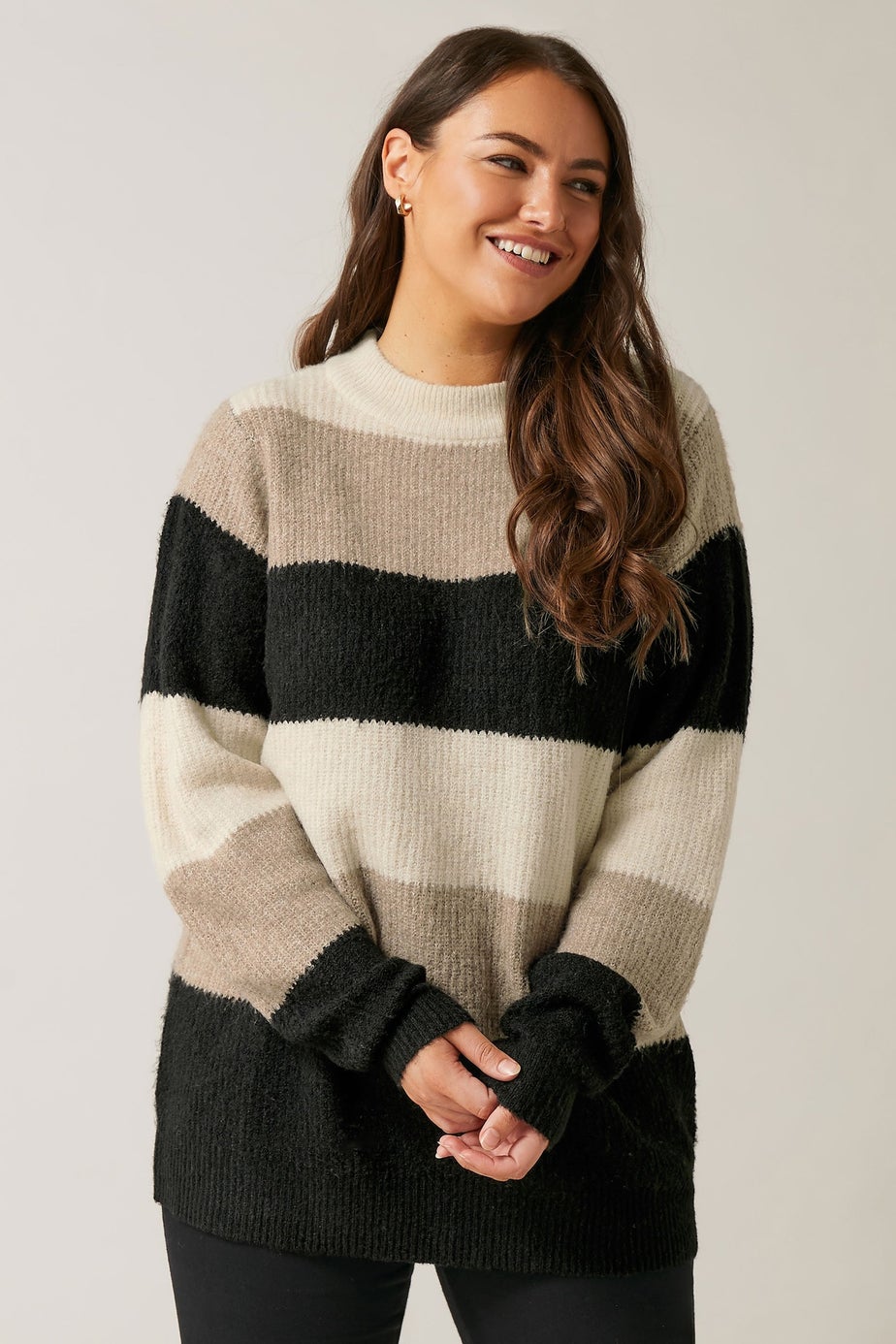 Evans Curve Natural Brown Colourblock Stripe Knitted Jumper