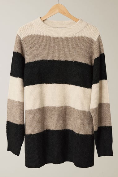 Evans Curve Natural Brown Colourblock Stripe Knitted Jumper