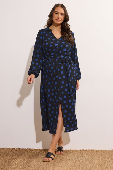 Evans Curve Black & Blue Spot Print Split Front Dress