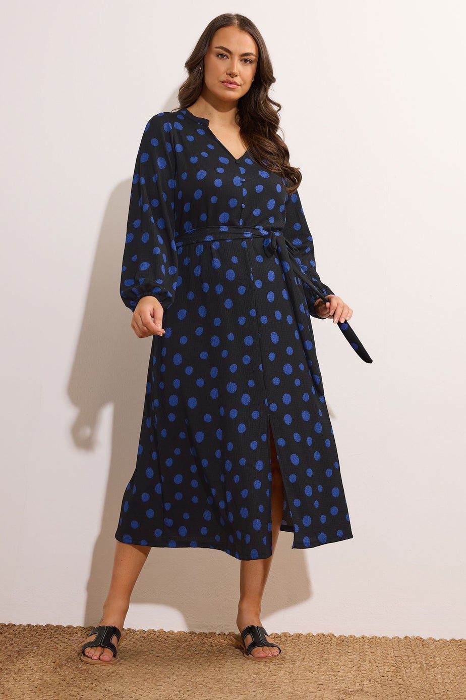 Evans Curve Black & Blue Spot Print Split Front Dress