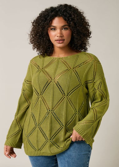 Evans Curve Olive Green Diamond Pointelle Jumper