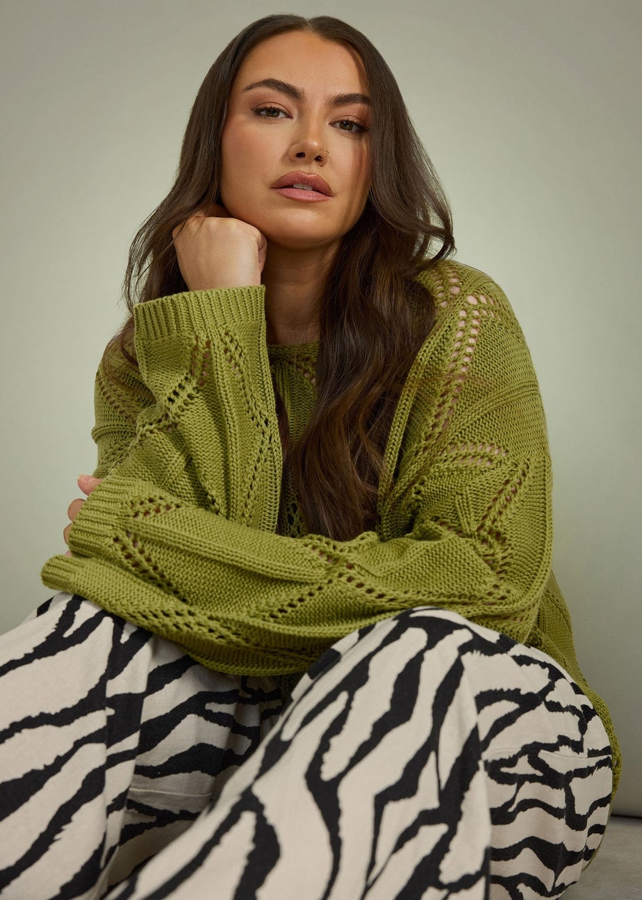 Evans Curve Olive Green Diamond Pointelle Jumper