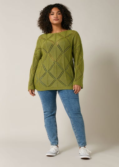 Evans Curve Olive Green Diamond Pointelle Jumper
