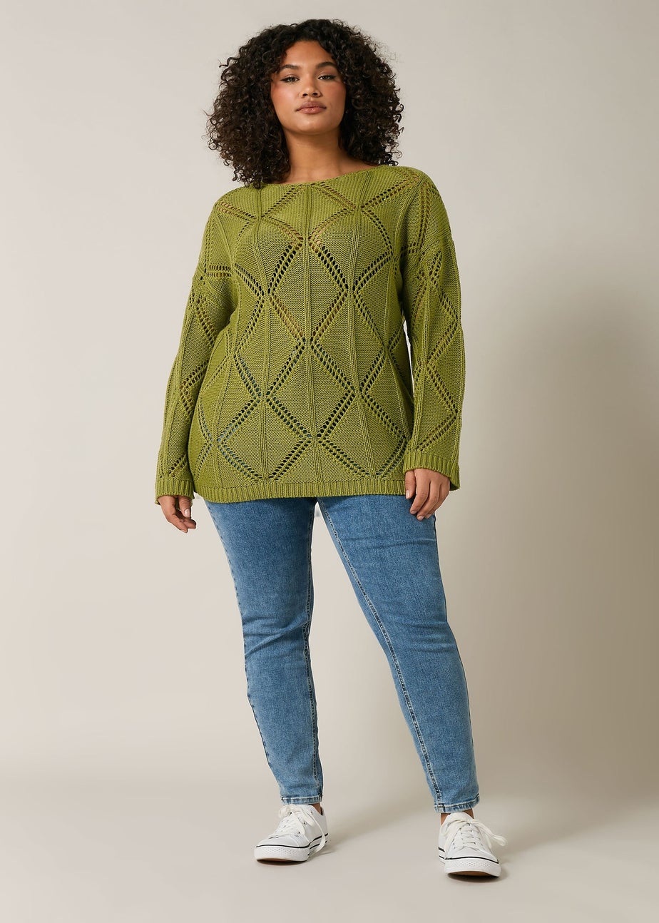 Evans Curve Olive Green Diamond Pointelle Jumper