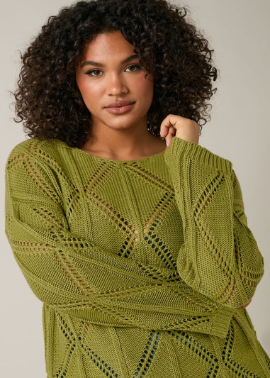 Evans Curve Olive Green Diamond Pointelle Jumper