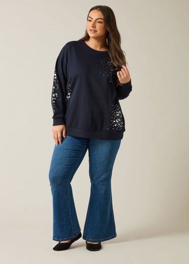 Evans Curve Navy Blue Leopard Sequin Embellished Sweatshirt