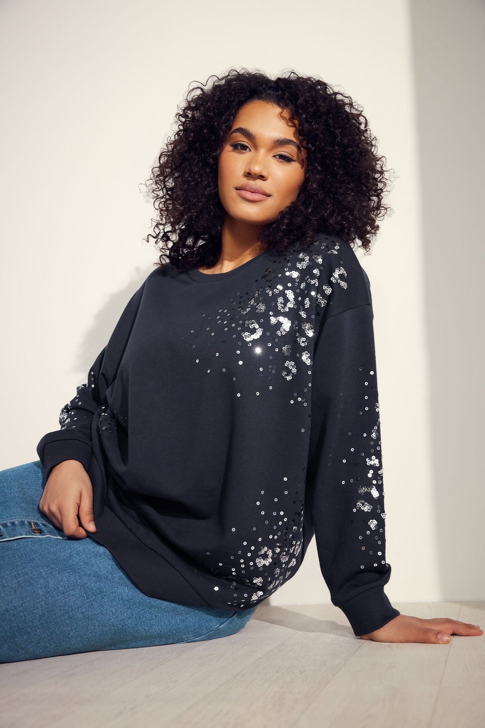 Evans Curve Navy Blue Leopard Sequin Embellished Sweatshirt