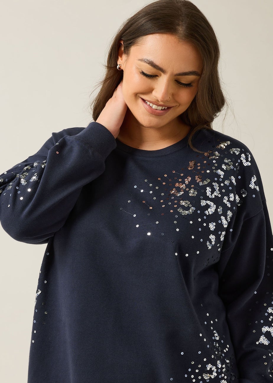 Evans Curve Navy Blue Leopard Sequin Embellished Sweatshirt