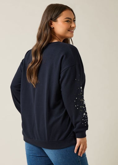 Evans Curve Navy Blue Leopard Sequin Embellished Sweatshirt