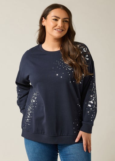 Evans Curve Navy Blue Leopard Sequin Embellished Sweatshirt