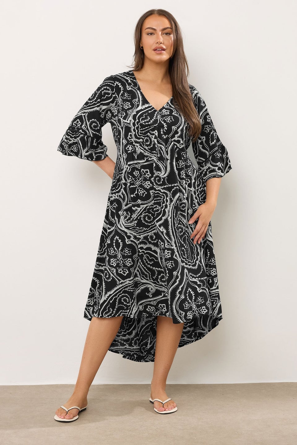 Evans Curve Black Paisley Print Dipped Hem Dress