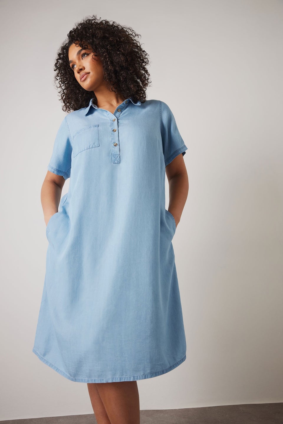 Evans Curve Light Blue Lyocell Denim Dress