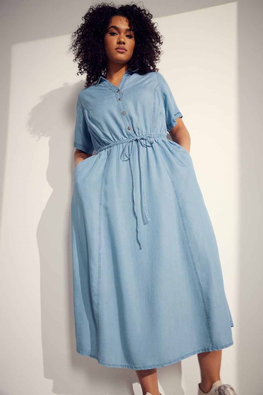 Evans Curve Light Blue Lyocell Denim Shirt Dress