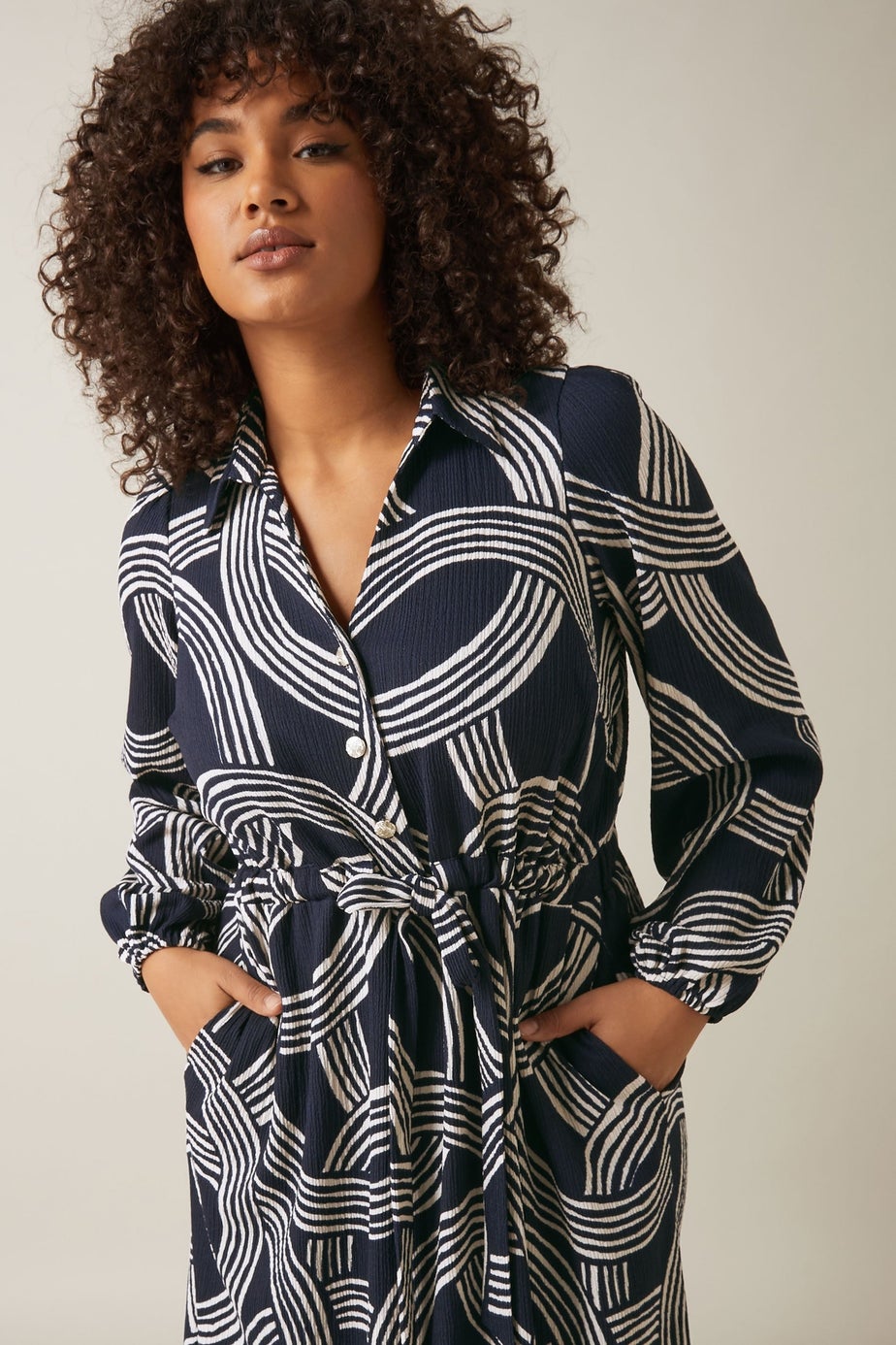 Evans Curve Navy Blue Linear Print Jersey Crepe Dress