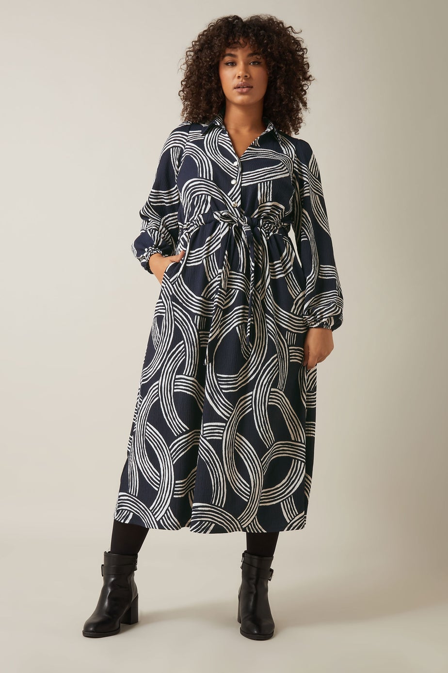 Evans Curve Navy Blue Linear Print Jersey Crepe Dress
