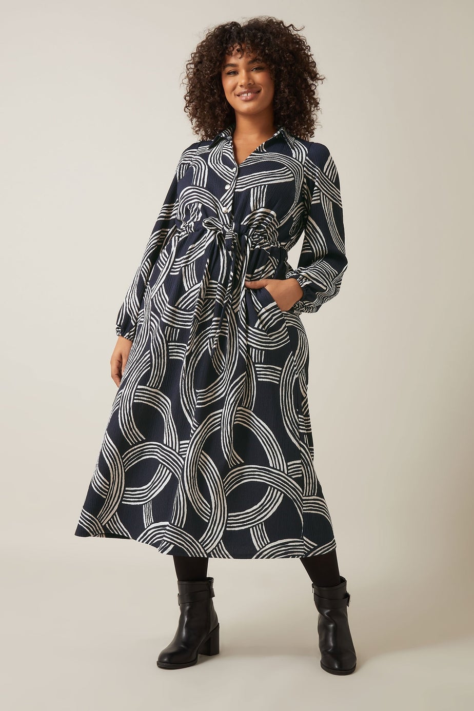 Evans Curve Navy Blue Linear Print Jersey Crepe Dress
