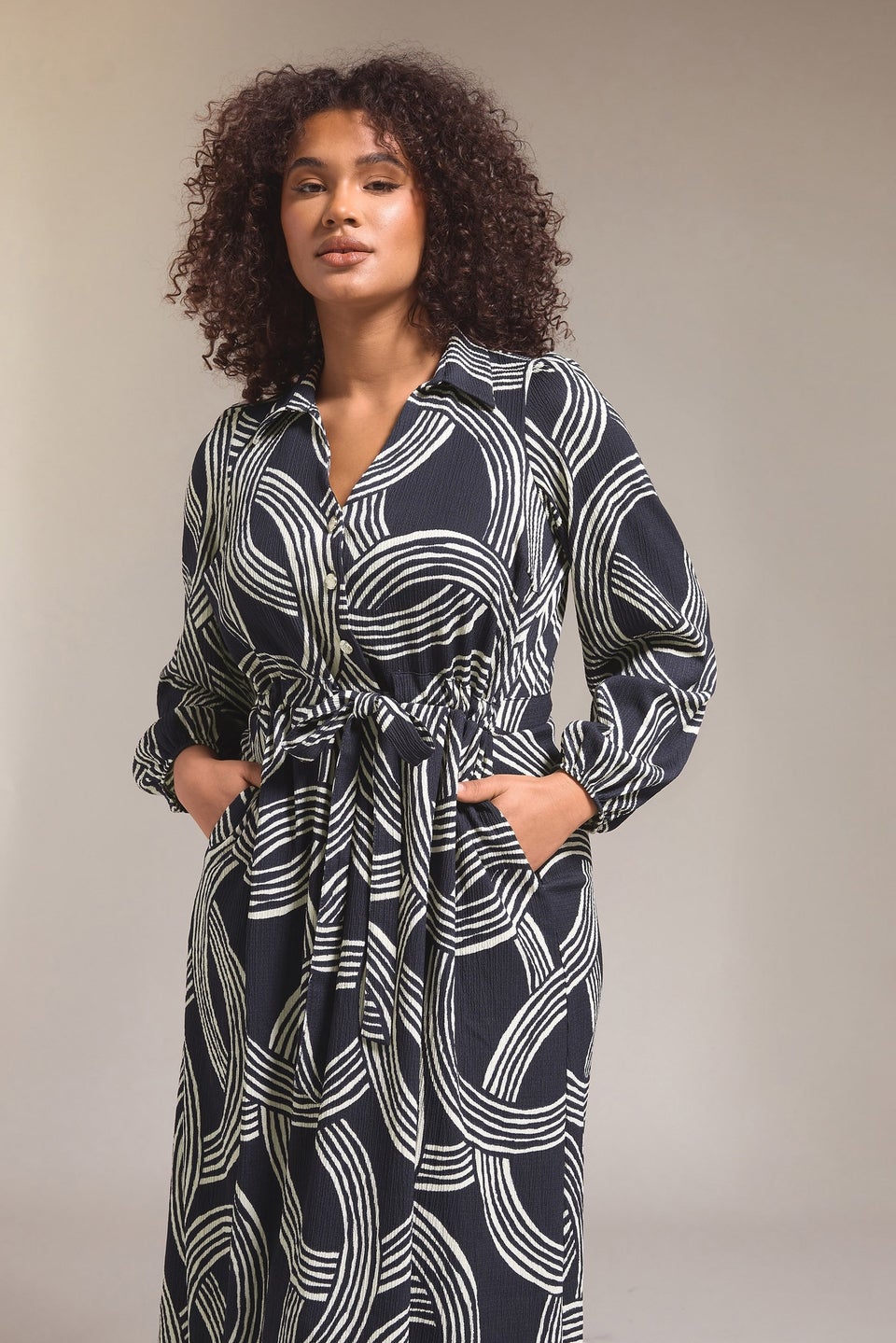 Evans Curve Navy Blue Linear Print Jersey Crepe Dress