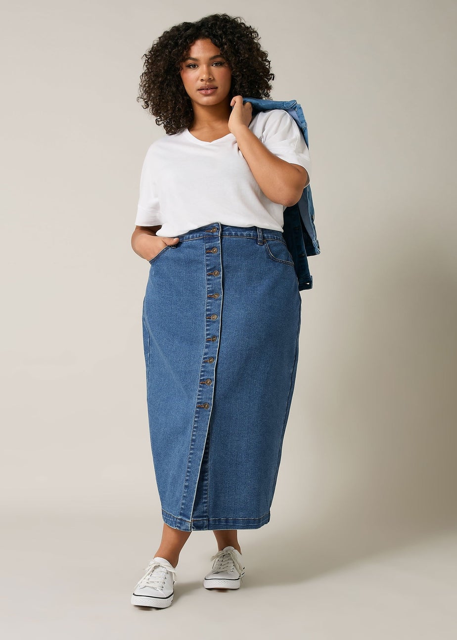 Evans Curve Blue Button Through Denim Maxi Skirt