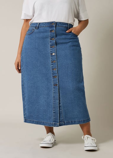 Evans Curve Blue Button Through Denim Maxi Skirt