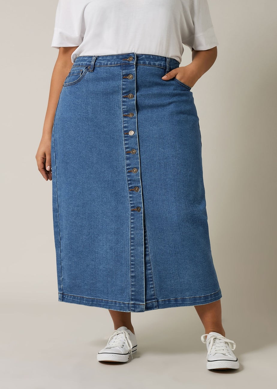 Evans Curve Blue Button Through Denim Maxi Skirt