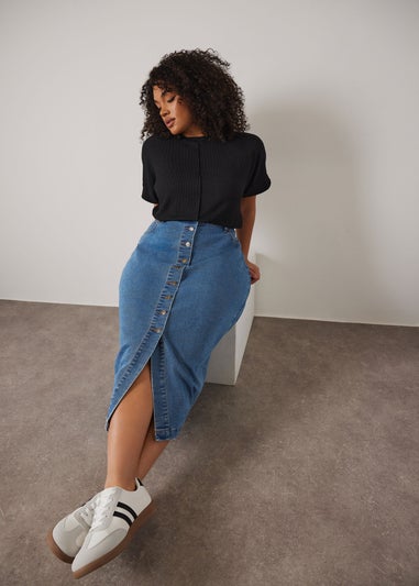 Evans Curve Blue Button Through Denim Maxi Skirt
