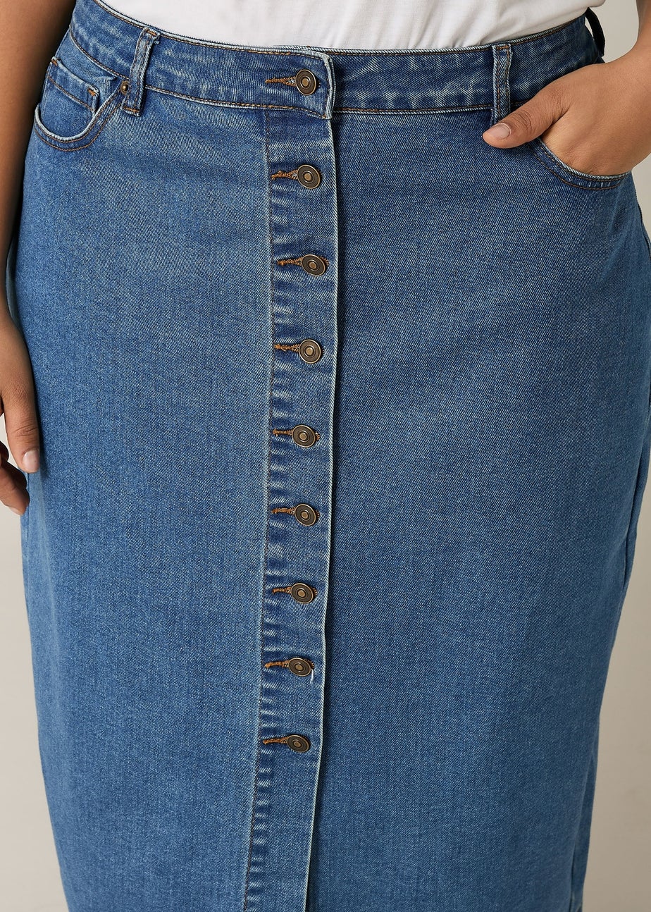 Evans Curve Blue Button Through Denim Maxi Skirt
