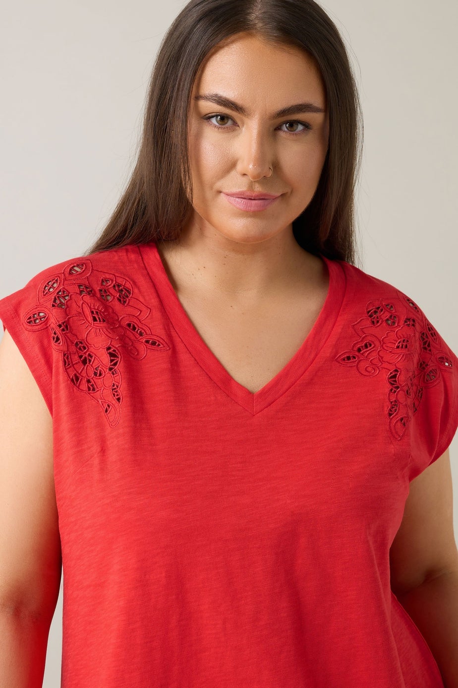 Evans Curve Red Broderie Anglaise Vest Top