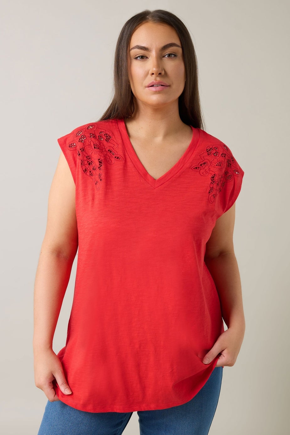 Evans Curve Red Broderie Anglaise Vest Top
