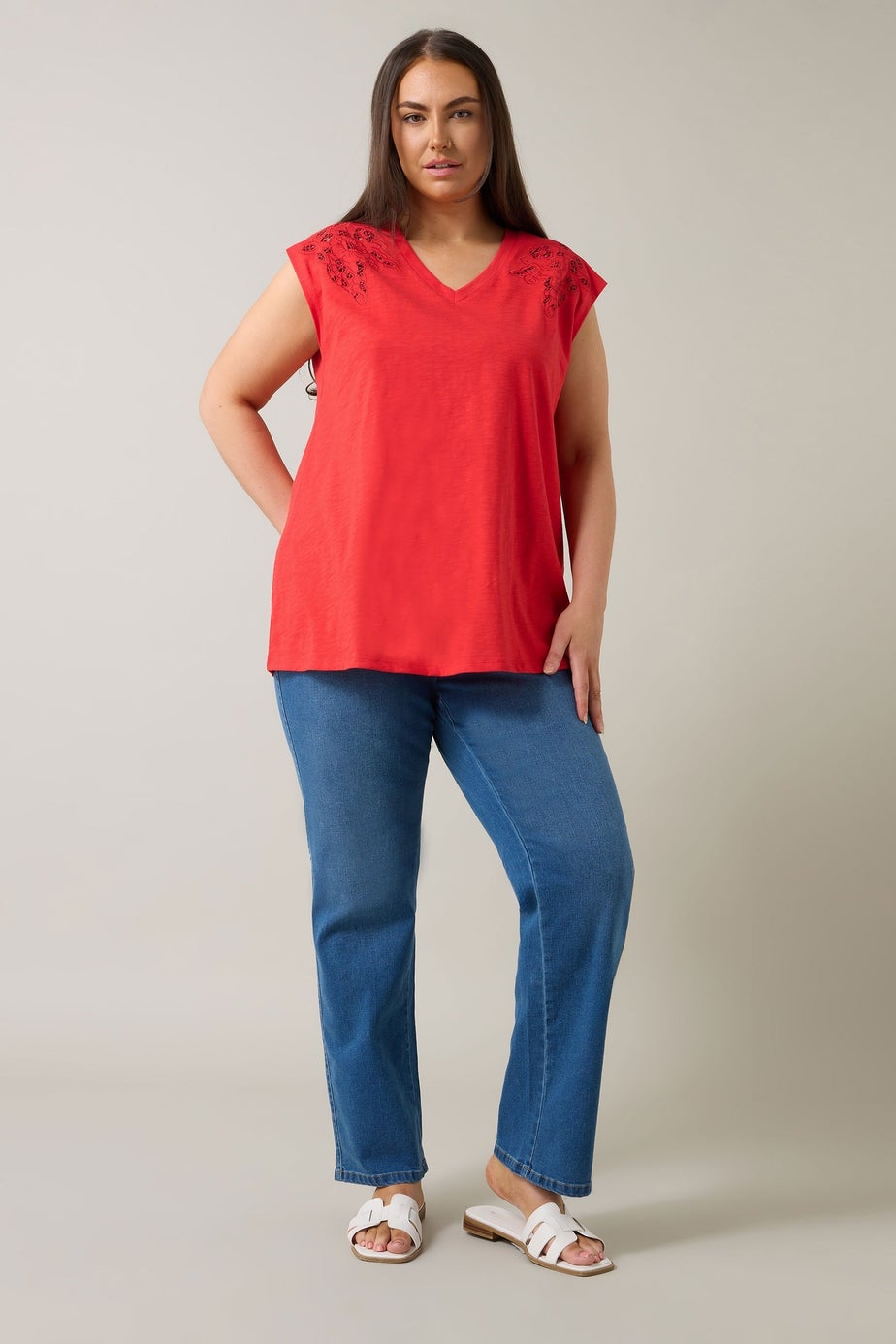 Evans Curve Red Broderie Anglaise Vest Top
