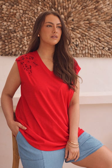 Evans Curve Red Broderie Anglaise Vest Top
