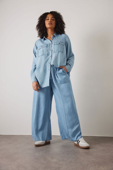 Evans Curve Light Blue Lyocell Wide Leg Trousers
