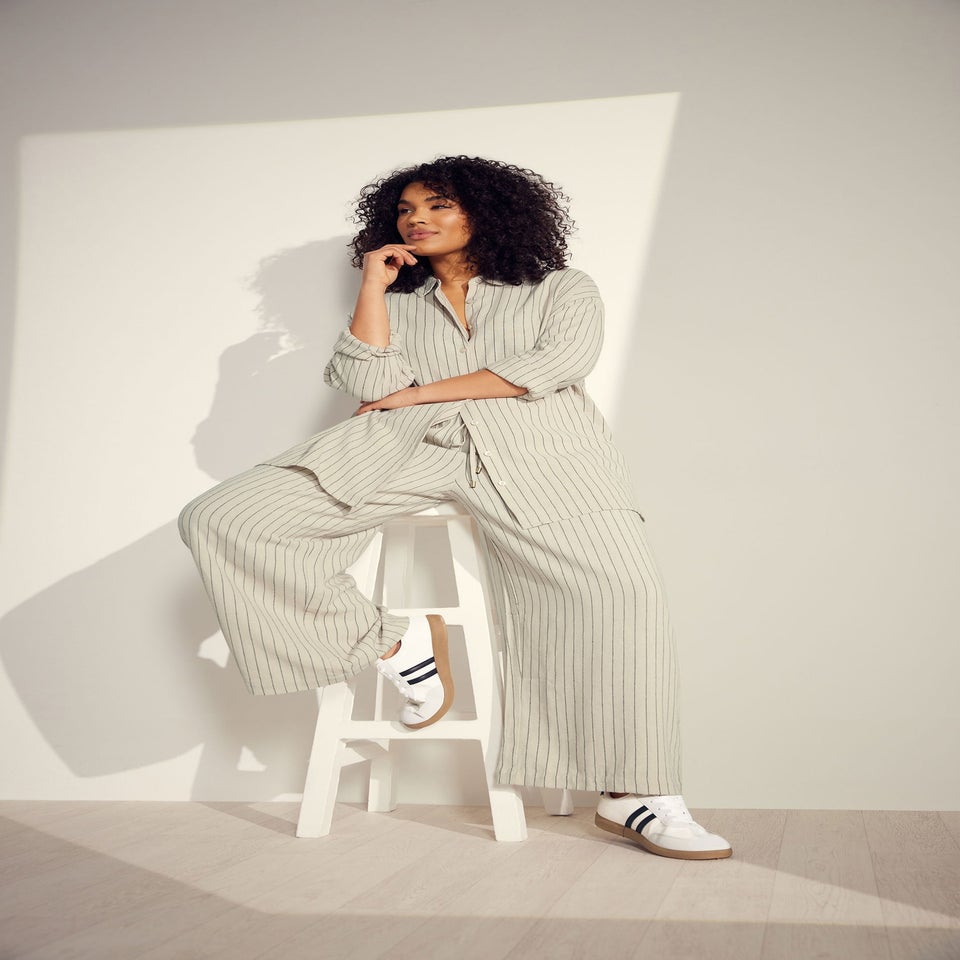 Evans Curve Natural Brown Stripe Print Premium Linen Trousers