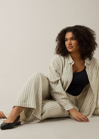 Evans Curve Natural Brown Stripe Print Premium Linen Trousers