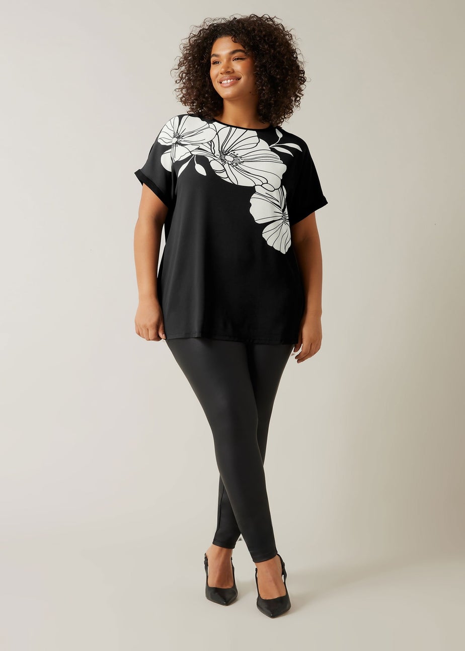 Evans Curve Black Contrast Floral Print T-Shirt