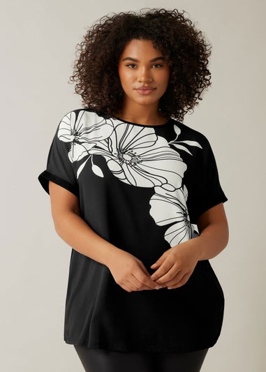 Evans Curve Black Contrast Floral Print T-Shirt