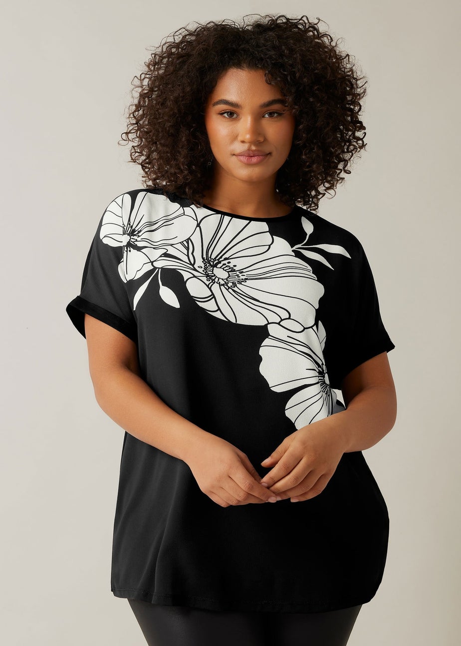 Evans Curve Black Contrast Floral Print T-Shirt