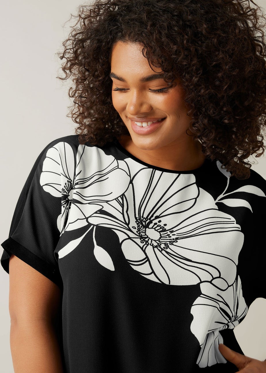 Evans Curve Black Contrast Floral Print T-Shirt