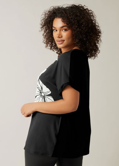 Evans Curve Black Contrast Floral Print T-Shirt